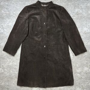 Bernardo Genuine Suede Leather Coat Brown Long Jacket Striped Lining Women’s M